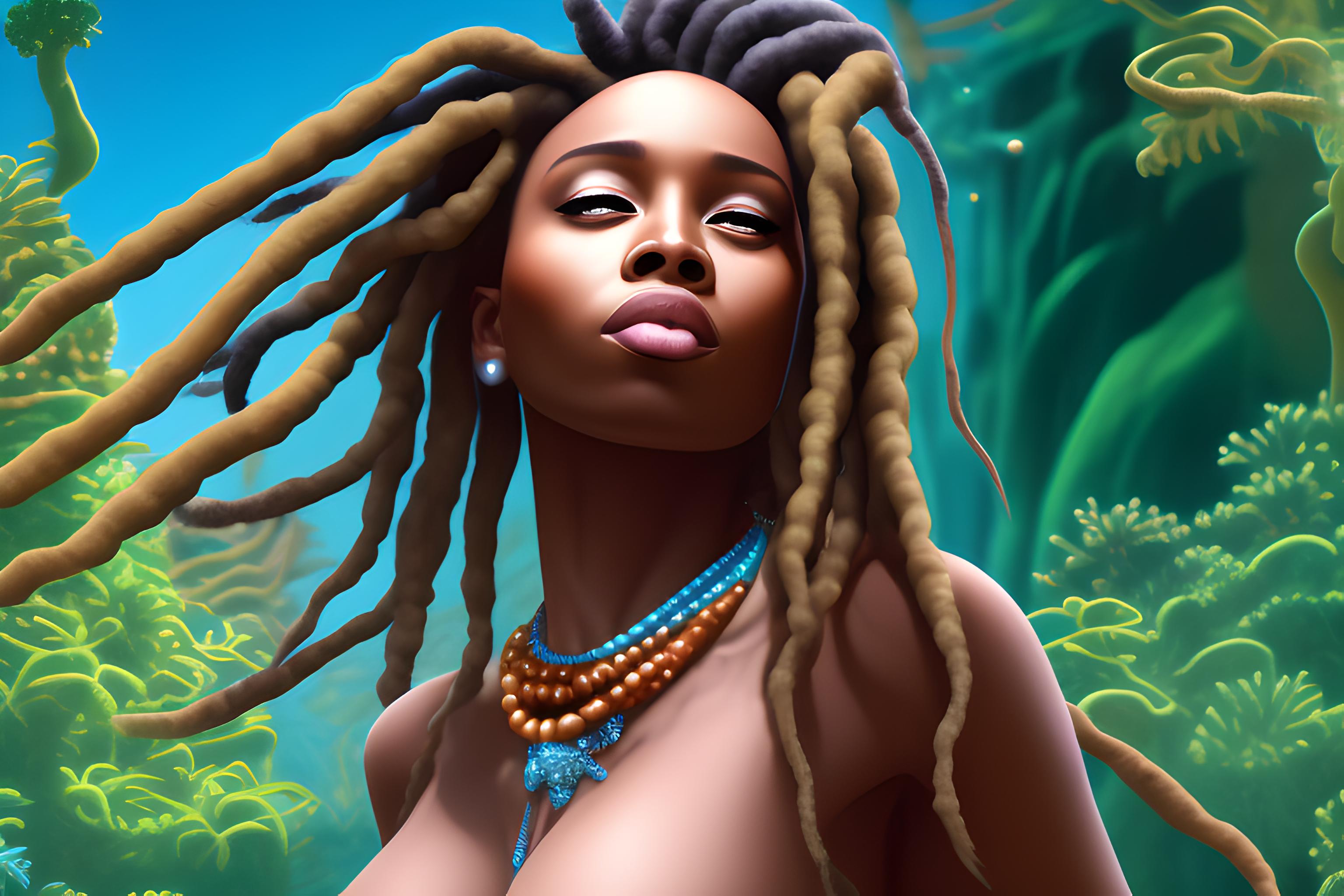 femme noire avec de longues dreads locks qui fume un joint dans une ambiance caraïbéenne et féeriqu…